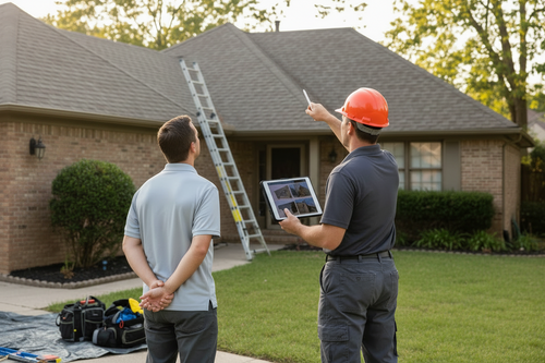 roofing consultation between contractor and client, no faces