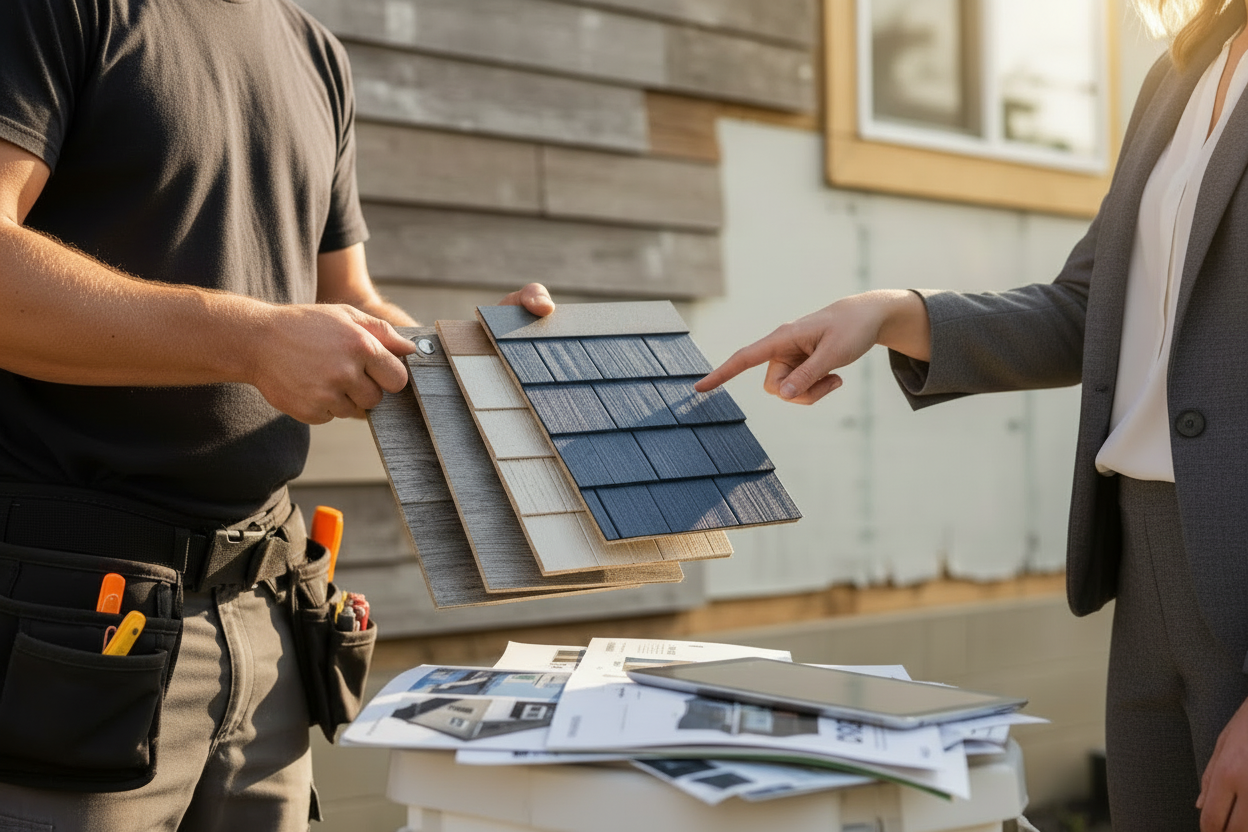 siding consultation between contractor and female client, no faces