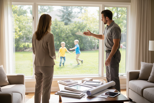 window consultation between contractor and client with children outside the window, no faces